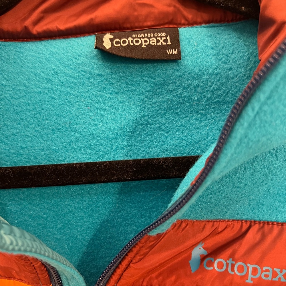 cotopaxi Teal Fleece Jacket with Brown, Orange, and Purple Stripes - Picture 2 of 5